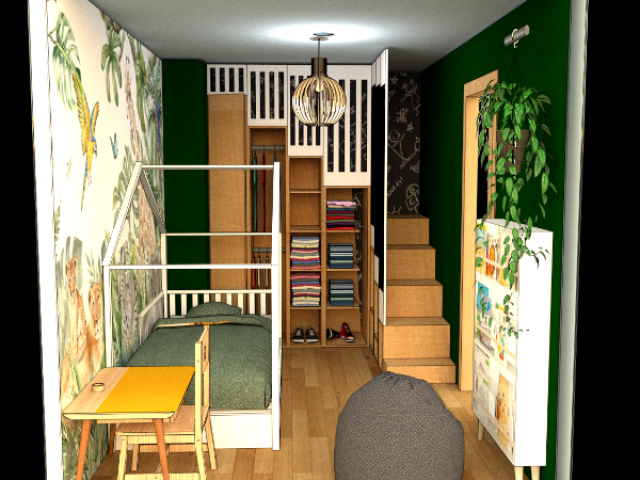  Décoration et meubles sur mesure pour une chambre enfant avec un accès aux combles . 